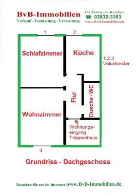 Kevelaer - einfache Wg. - Dachg. ohne Balkon - 56 m² - 2 Zimmer - Niederrhein - Geldern - Weeze