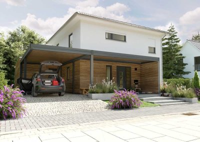 Familienfreundlich und modern: Einfamilienhaus mit lichtreichem Wintergarten und Carport