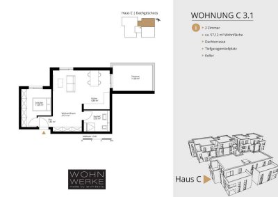 Whg C 3.1. - 2 Zimmer - Dachgeschoss mit Dachterrasse