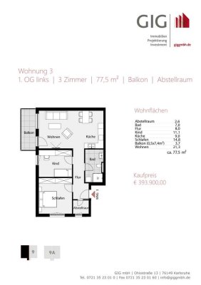 KA-Stupferich: Helle 3-Zimmer-Wohnung mit Balkon