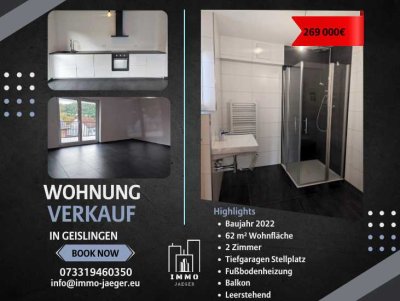 Moderne 2-Zimmerwohnung mit Balkon, Tiefgarage & Einbauküche – Neubau in Geislingen (60,28 m²)