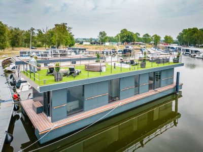 LUXUS Hausboot - 3 Etagen - 100m² Wohnen + 120 m² SONNENTERRASSE - Kamin, Kino, komplett individuell