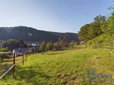 Wunderschönes, 3707 m² großes Grundstück mit Talblick mit abrisswürdigem Gebäude in Ortsrandlage