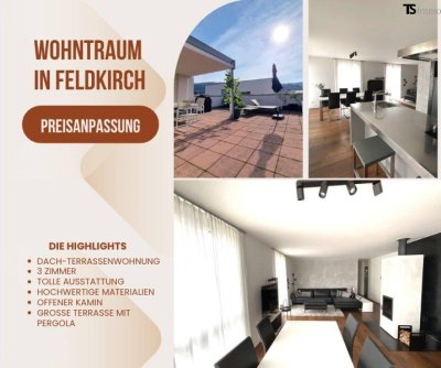 Feldkirch: Tosters: Hochwertige Dach-Terrassen-Wohnung 3 Zimmer mit zusätzlicher Ankleide ca. 86 m2 - Terrasse ca. 53 m2