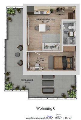 2-Zimmer Wohnung im 2. OG mit 26 qm Dachterrasse in Süd-Westausrichtung