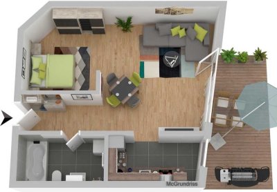 außergewöhnliche 1,5-2 Zimmer-Wohnung, möbliert, mega Dachterrasse, neues Bad, EBK, Klima