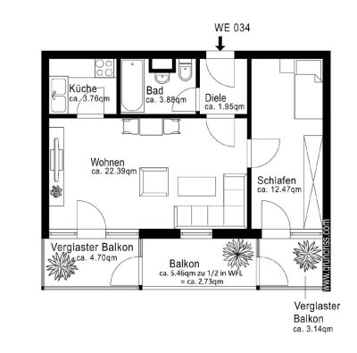 Helle 2-Zimmer-Wohnung mit Balkon und Loggien