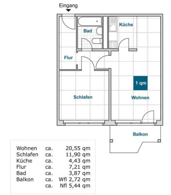 2-Zimmer-Wohnung mit Aufzug und Balkon.