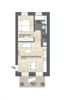 2 Zimmer Wohnung + Balkon. Erstbezug im Zentrum