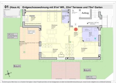 A01 - 91m² Barrierefreie Komfortwohnung EG, Gäste WC, Garten, SW Terrasse