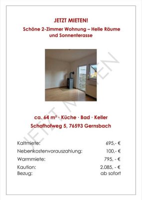 JETZT MIETEN! Schöne 2-Zimmer Wohnung - Helle Räume und Sonnenterasse