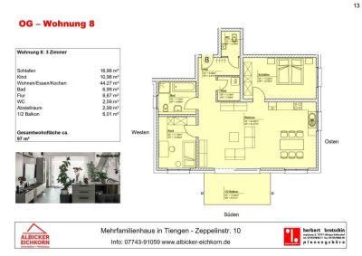 3 Zi. OG mit Balkon ca. 97 m² - Wohnung 12 - Zeppelinstr. 10, 79761 Waldshut-Tiengen - Neubau
