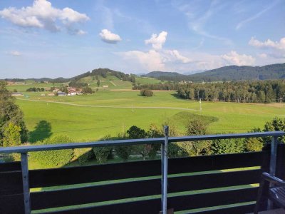 Blick ins grüne Allgäu und die Berge - in Seeg