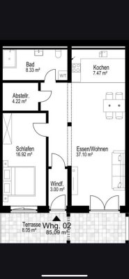 Erstbezug einer großen gut geschnittenen 2 Zimmer Neubauwohnung, geringe Nebenkosten da KFW40 Standa