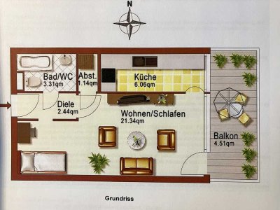 Geschmackvolle, gepflegte 1-Zimmer-Hochparterre-Wohnung mit geh. Innenausstattung mit Balkon