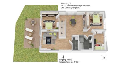 Helle 4-Zi-Gartenwohnung im Oberschoss mit Terrasse (Hanglage)!