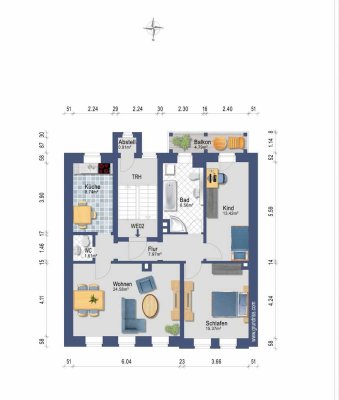 Helle 3 - Raum-Wohnung mit Gäste WC im 1. OG