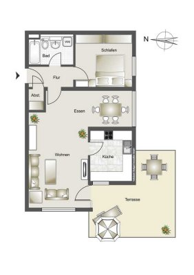 Geräumige, möblierte  Wohnung mit zwei Zimmern und großer Terrasse befristet ab 6 M. bis zu 2 Jahre