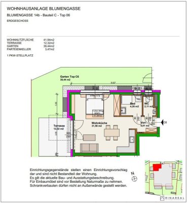 Blumengasse - 1 Zimmer Wohnung | Garten &amp; Terrasse | Neubau - Erstbezug | Klimaanlage | Einbauküche | zzgl. Tiefgaragenstellplatz | Top C6