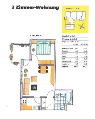 2 Raum Wohnung, Erstbezug nach Sanierung, 53m2 Nutzfläche, mit Balkon und Garagenstellplatz