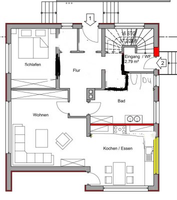 Erstbezug nach Sanierung einer 2 Zimmerwohnung im Erdgeschoss mit teilüberdachten Terrasse