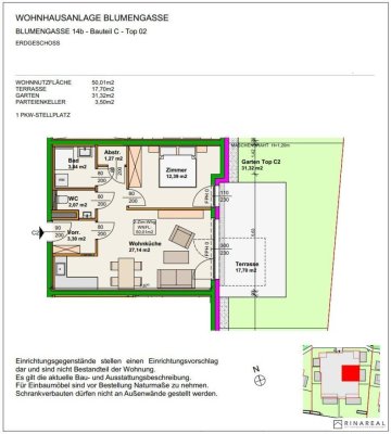 Blumengasse - 2 Zimmer Wohnung | Garten &amp; Terrasse | Neubau - Erstbezug | Klimaanlage | Einbauküche | zzgl. Tiefgaragenstellplatz | Top C2