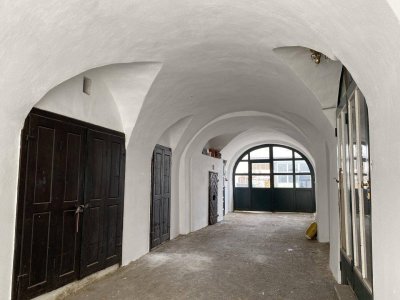 Historisches Stadthaus mit Geschäftsräumen, 1 Wohnung im 1. Stock und einer Lagerhalle im Hof