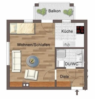 1 Zimmerwohnung mit Balkon, Stellplatz und Küche